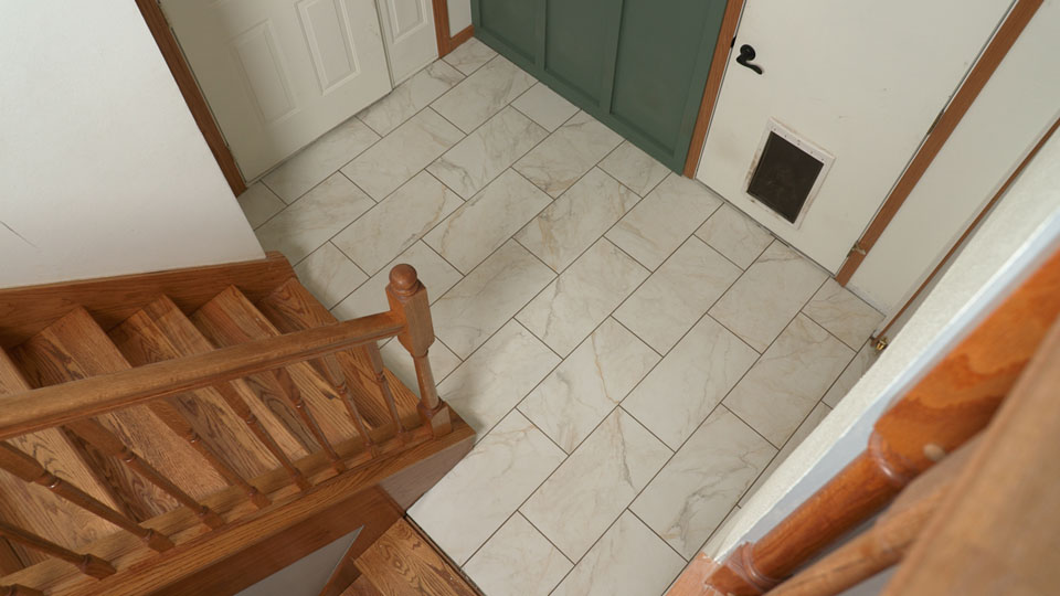 Tile flooring in a hallway with wooden stairs, featuring a door and a pet access panel.